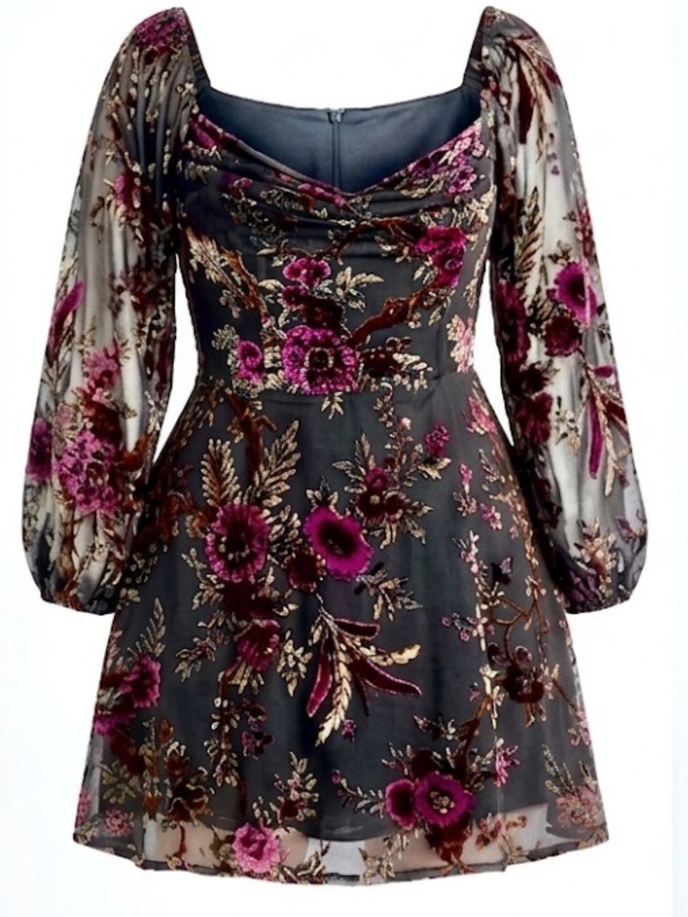 Black Mini Dress with burdundy Floral Velvet showpo size 16